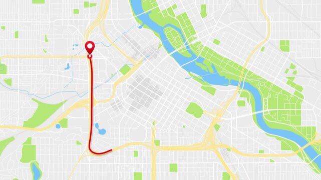 Minneapolis, Minnesota, Midwestern USA Animated City Map with Red GPS Route and Location Pin, 4K