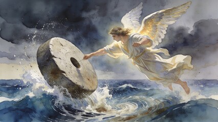 Obraz premium Angel casting a millstone into the raging sea. Biblical representation of the apocalypse and revelation. Symbolic destruction for the Last Judgment. Religious concept of divine power.