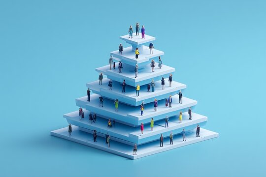 Isometric view of tiny figures arranged in a pyramid on stacked platforms, organizational hierarchy and structure concept, 3D style illustration