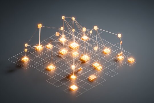 Isometric view of a network of glowing nodes connected by thin lines above a grid, data network and connectivity concept, 3D style illustration