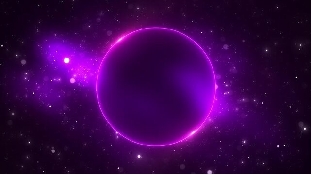 A glowing purple planet floats deep star field rim light, particles, soft cosmic haze. space science fiction scenes, astronomy titles, universe intros, celestial backgrounds, seamless animation loops.