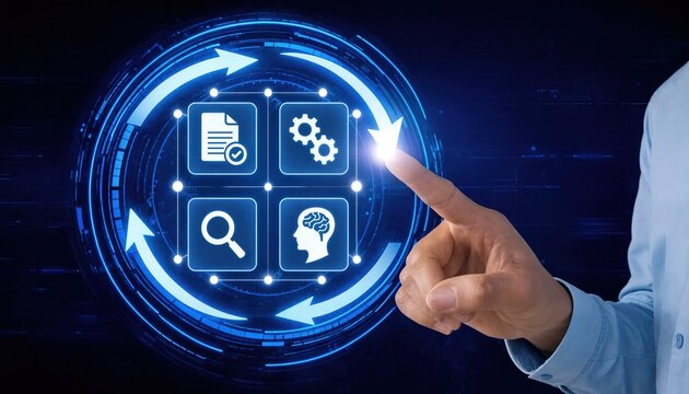 Feedback loop with continuous improvement, problem solving, monitoring, analysis, optimization, and decision making on digital process concept.