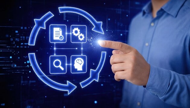 Feedback loop with continuous improvement, problem solving, monitoring, analysis, optimization, and decision making on digital process concept.