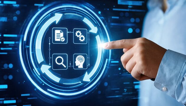 Feedback loop with continuous improvement, problem solving, monitoring, analysis, optimization, and decision making on digital process concept.