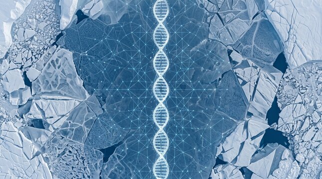 DNA Double Helix Structure over Cracked Frozen Ice Background, Concept of Cryogenics, Ancient Genetics and Biological Research