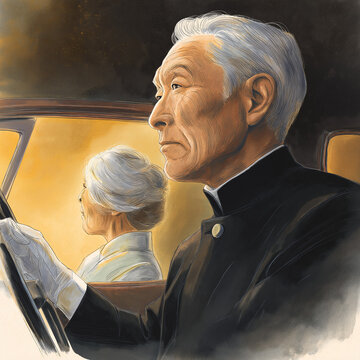 Elderly man driving with his wife beside him / tender illustration
