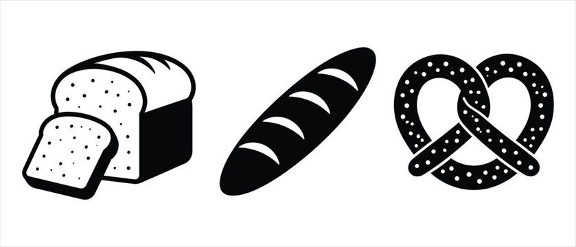 Bakery product icon collection loaf baguette and pretzel symbols with baguette