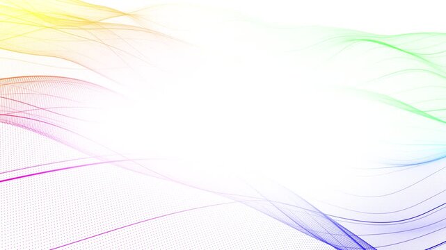 Colorful flowing mesh waves sweep white background generous central copy space. 19 presentations, scientific visuals, corporate wellness branding, data themes, clean openers, fine animated