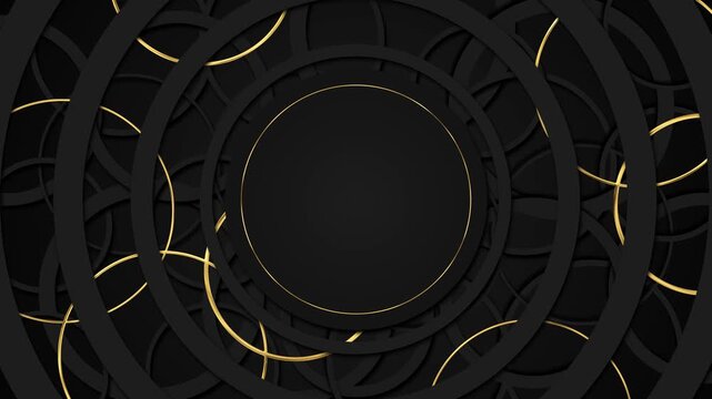 Layered black rings interlace bright gold accents around a dark circular center, refined luxury composition. premium logo reveals, award titles, fashion branding, gala screens, product showcases,