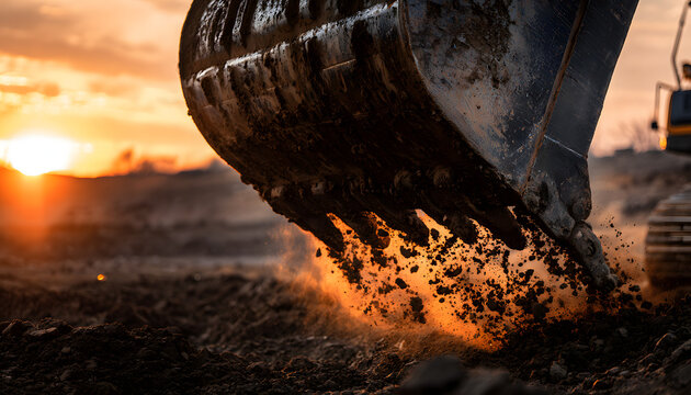The excavator's bucket scoops up soil during the golden hour, as dirt is propelled from the machine by the operator working on the construction site. The powerful machinery shapes the earth.