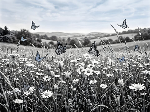 Black and white meadow landscape with daisies and butterflies flying over rolling hills under a soft sky in a detailed artistic style