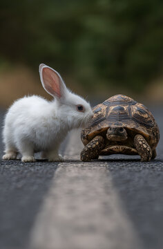A funny story begins as a cute rabbit and tortoise face each other on the road, symbolizing slow versus quick, determination, and overcoming odds.