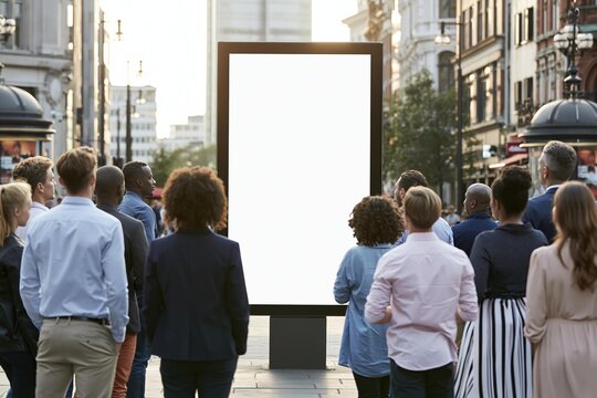 Diverse group of people looking at a blank advertising billboard in a city street