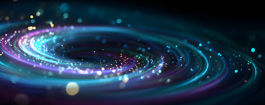 The design of a bright neon funnel composition features twisting energy flow, shiny particle sparks, and a vibrant rotational motion background.