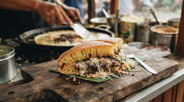 Indonesian sweet Martabak with chocolate and cheese.