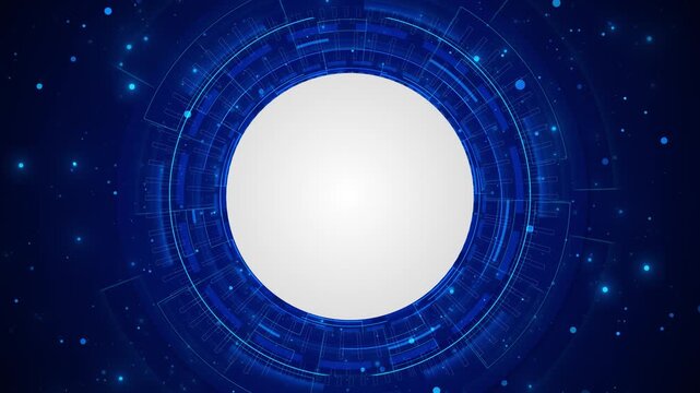 A bright white circular copy area glowing blue 19 frame radial interface details floating particles. logo reveals, digital presentations, science titles, cyber themes, product displays, motion
