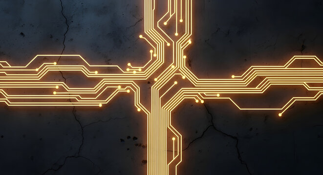 Radiant golden circuitry forming a digital network across a dark, distressed surface, symbolizing advanced technological infrastructure and data flow