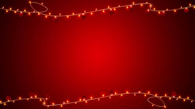 Warm heart bulbs glow along strings at the top and bottom of a rich red background open central copy space. Valentine greetings, wedding invitations, anniversary , romantic titles, proposals, festive