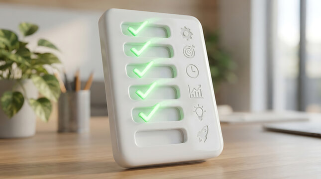 Task manager device shows a vertical list of completed green checkmarks on a wooden office desk.