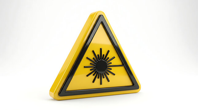 Warning sign depicting a laser radiation symbol stands prominently against a white background.