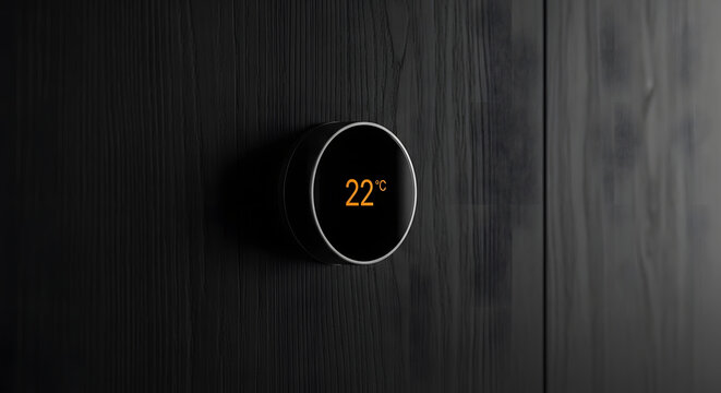 Smart thermostat displaying 22 degrees Celsius on a dark wooden background, showcasing modern home technology