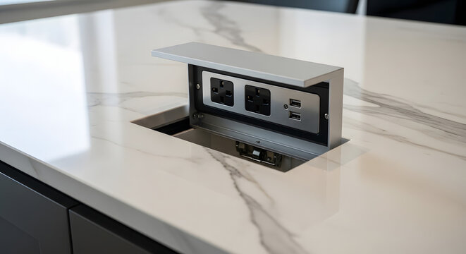 Modern pop up electrical power outlet with USB ports built into white marble kitchen countertop island desk