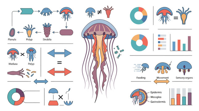 Jellyfish Life Cycle and Anatomy Infographic: Reproduction, Feeding, Movement, Sensory Organs, Structure