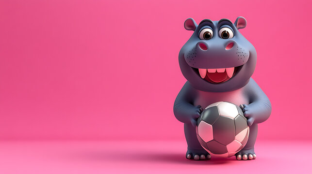  Cute cartoon hippo holding ball on pink background