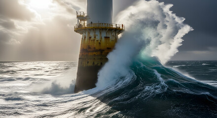 Fototapeta premium Powerful Ocean Wave Crashing Against a Weathered Offshore Lighthouse Structure During a Dramatic Stormy Sunset