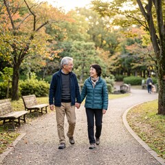 Fototapeta premium Senior East Asian couple walking hand-in-hand in a park