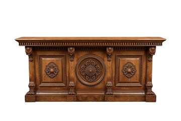 Fototapeta premium Ornate carved wooden reception counter with circular medallion isolated on transparent background