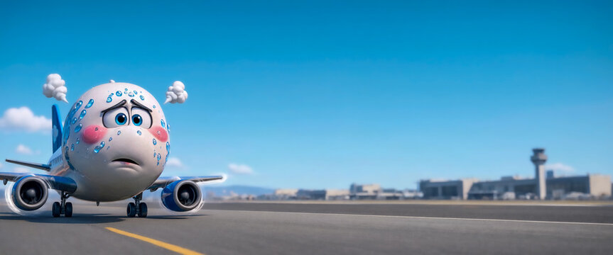 Nervous Kawaii Airplane Taking Deep Breath Before Takeoff Banner