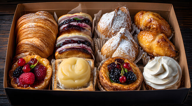 A gourmet pastry box that includes assorted croissants, tarts, and cream puffs. The elegant assortment also includes coffee and berries, making it perfect for a luxurious brunch or dessert.