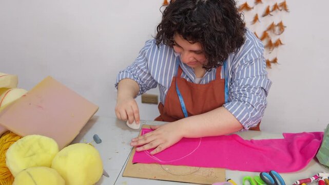 Artisan woman drawing pattern on fabric for puppet making