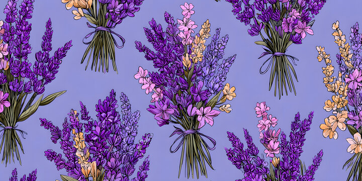 The vintage lavender flower bouquet seamless pattern illustration features a retro nature floral background in hand drawn style. The texture of the spring season garden decoration is achieved through 