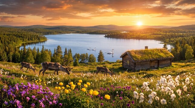 Serene Arctic Summer: A picturesque lakeside scene in the Arctic wilderness during summer, featuring a quaint wooden cabin with a mossy roof, a tranquil lake dotted with small boats.