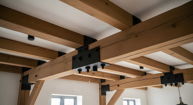 Modern interior featuring exposed wooden ceiling beams with black metal joist hangers and connector brackets