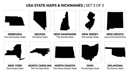 Minimalist black silhouettes of US state maps featuring regions like New York Nevada Ohio and Oklahoma for geography projects © uzumaki