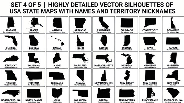 Vector silhouette maps of United States territories with names and nicknames for geography concept designs