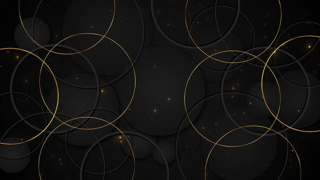 Overlapping black circles thin golden rings refined abstract composition open central copy space. luxury branding, elegant titles, corporate premium product promos, award screens, logo reveals,