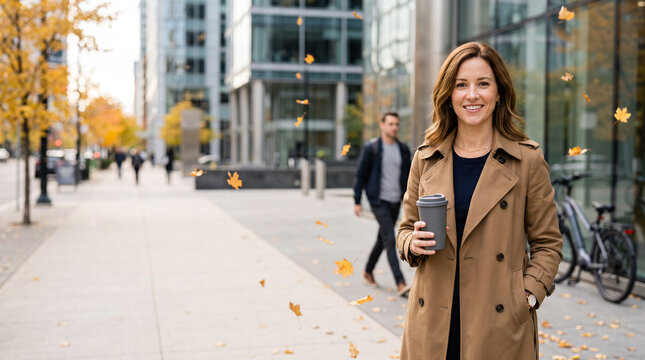 Stylish businesswoman walking on a modern city sidewalk in October