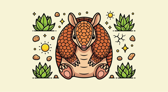 Cute cartoon armadillo illustration with desert plants.