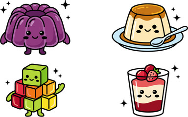Obraz premium Cute Kawaii Dessert Character Collection Featuring Smiling Sweet Food Mascots in Colorful Cartoon Style for Kids Branding Design