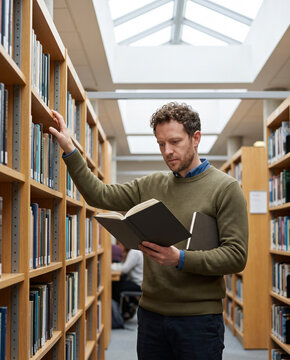 Researcher selecting a book from a shelf in a modern library