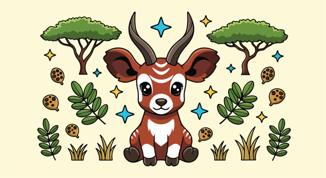 Cute cartoon bongo antelope character with savanna elements.