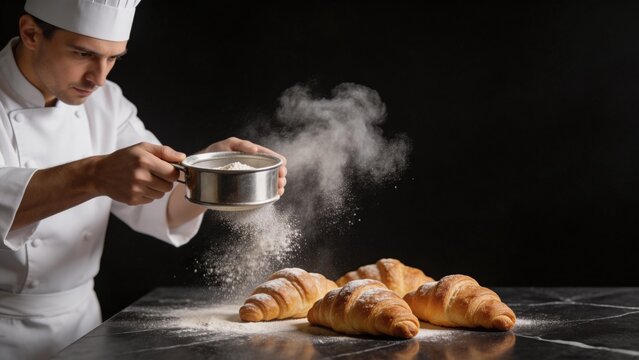 Baker dusting croissants with flour