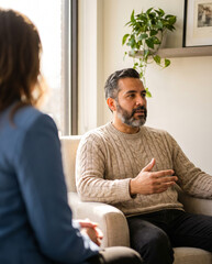 Fototapeta premium Calm man sharing his thoughts during a supportive therapy session