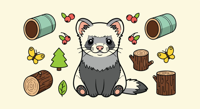 Cute cartoon ferret with woodland forest elements and decorative icons.