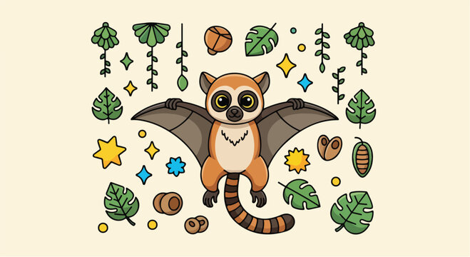 Cute cartoon flying lemur with tropical jungle leaves and decorative stars.