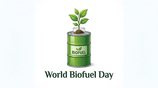 World Biofuel Day - Green Barrel with Plant Sprout Symbolizing Sustainable Energy.